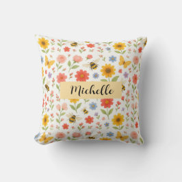 Almofada Personalized Pink Yellow Floral Bee Throw Pillow