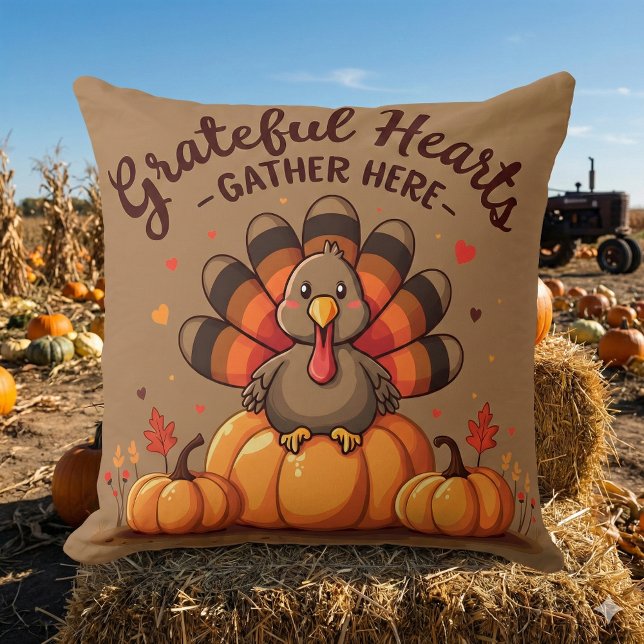 Almofada Peru de Ação de Graças com Corações Gratos (Grateful Hearts Thanksgiving Turkey Throw Pillow Mockup D)