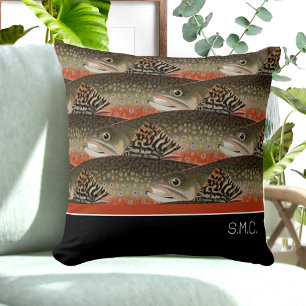Almofada Pescador Brook Trout Fish Design Black White Rust