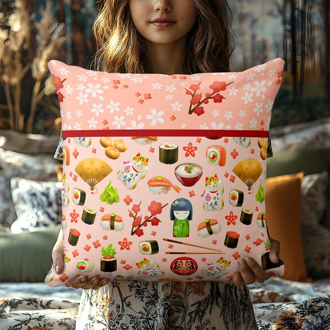 Almofada Pêssego Rosa com Raparigas Geisha e paus (Criador carregado)