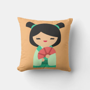 Almofada Pêssego rosa e bonecas japonesas aqua Kokeshi