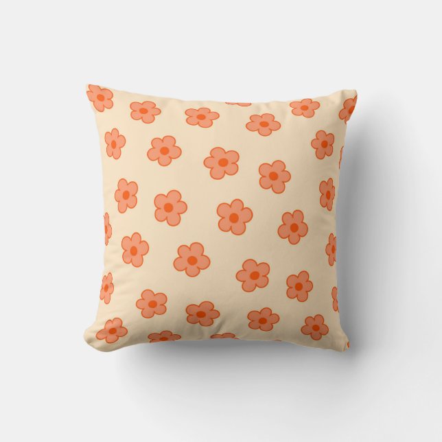 Almofada Pêssego Whimsico e Retro Floral Laranja, Cheio (Frente)