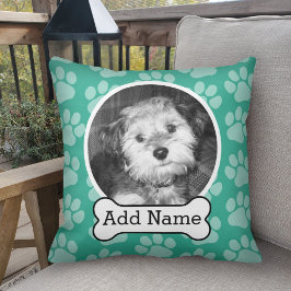Almofada Pet Photo with Dog Bone and Paw Prints Green (Impr