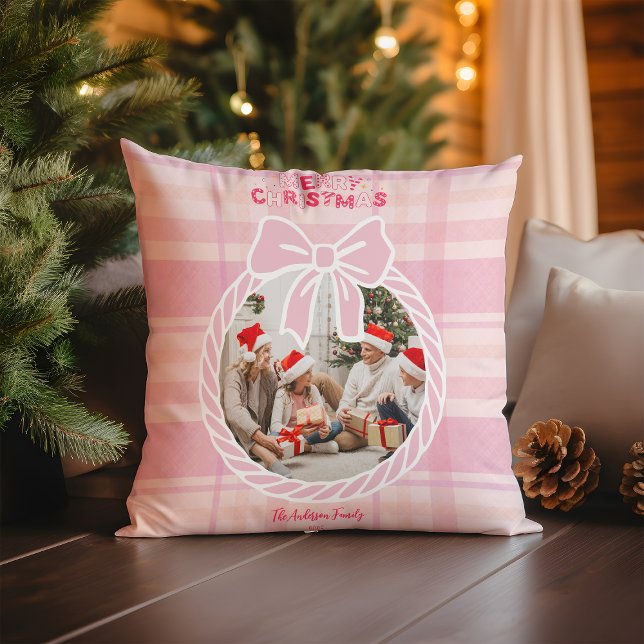 Almofada Photo Retro Pink Plaid Whimsical Holiday  (Criador carregado)