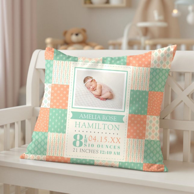 Almofada Photo Stats Baby (Birth Stats Photo Baby Throw Pillow)