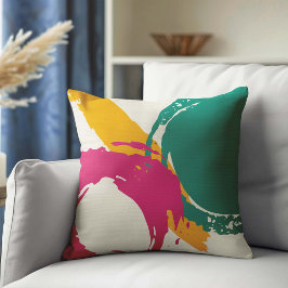 Almofada Pincéis modernos - Rosa, Teal e Amarelo em Creme