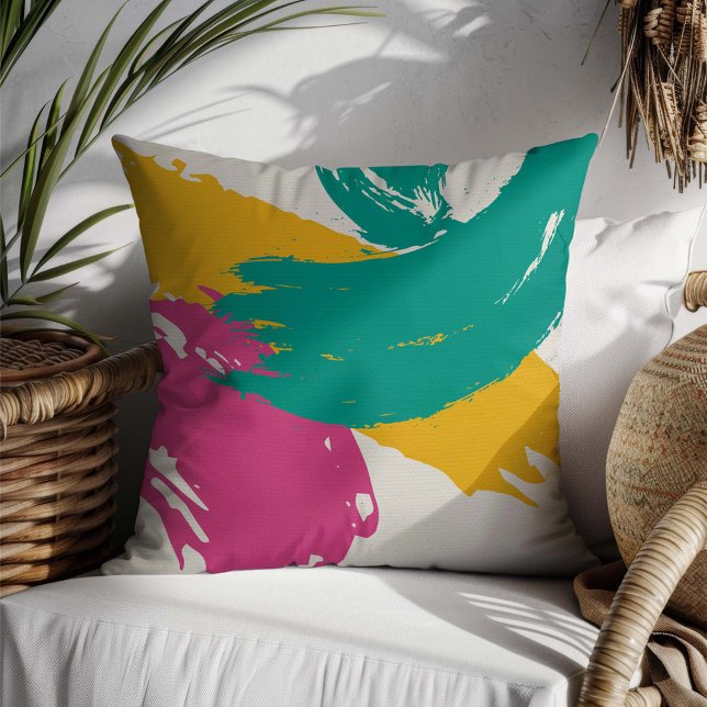 Almofada Pincéis modernos - Rosa, Teal e Amarelo em Creme (Criador carregado)