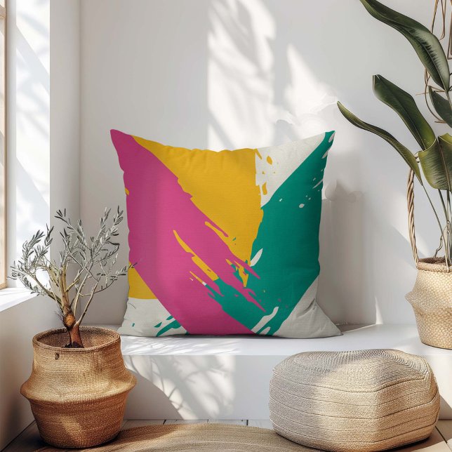 Almofada Pincéis modernos - Rosa, Teal e Amarelo em Creme (Criador carregado)