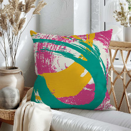 Almofada Pincéis modernos - Rosa, Teal e Amarelo em Creme