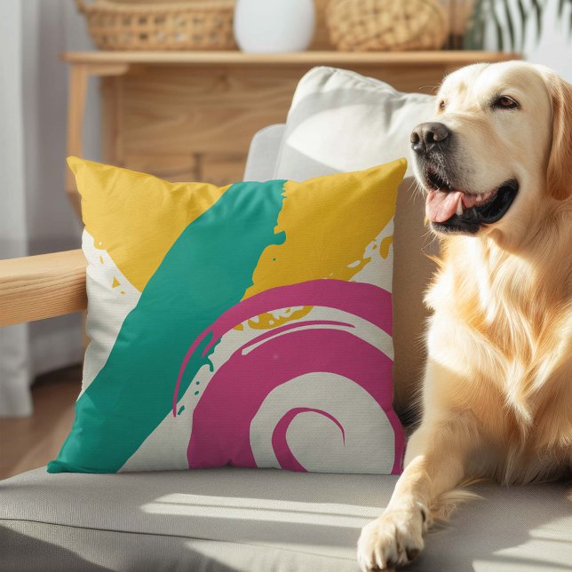 Almofada Pincéis modernos - Rosa, Teal e Amarelo em Creme (Criador carregado)