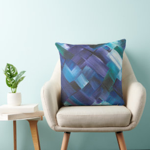 Almofada Pinceladas Abstratas em Azul, Turquesa e Roxo