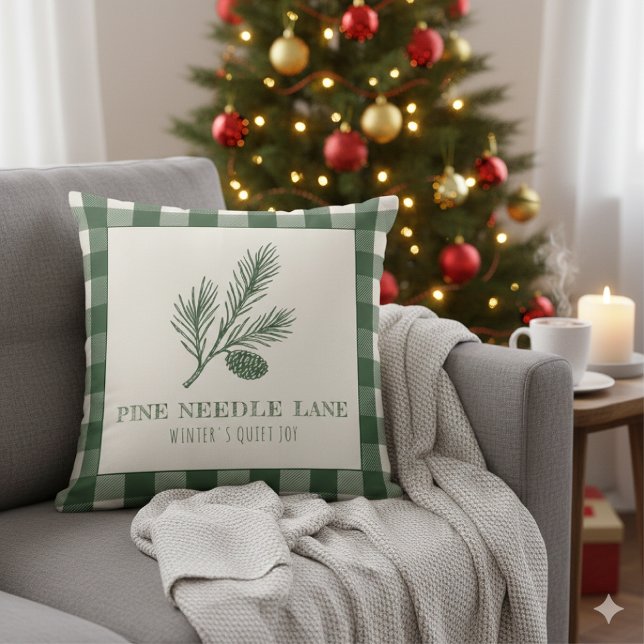 Almofada Pine Needle Lane - Impressão de Pinha e Borda Xadr (Criador carregado)