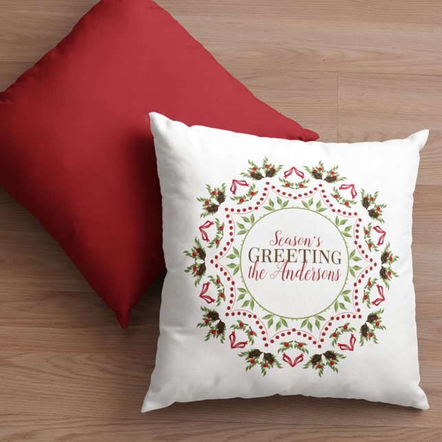 Almofada Pinecone Red Christmas Holly Elegant Mandala (Season's Greeting holiday decorative throw pillow)