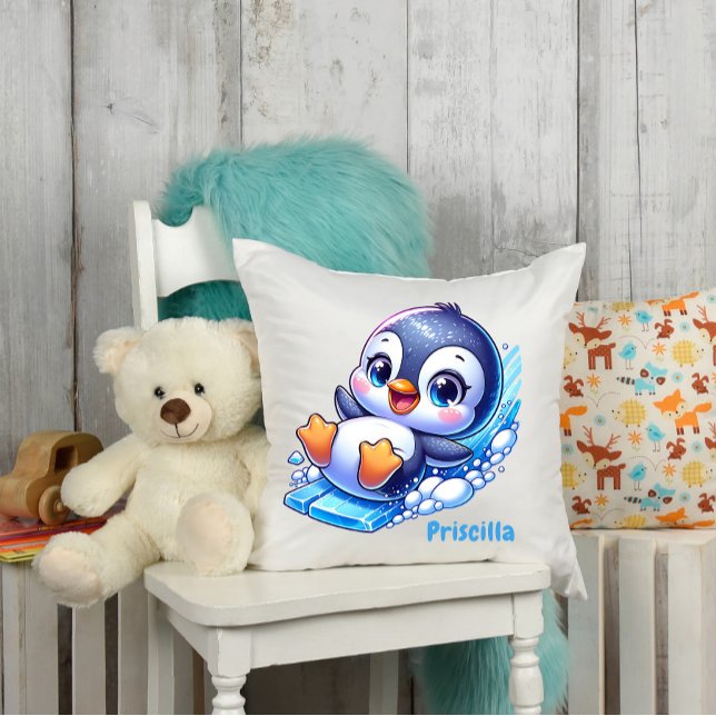 Almofada Pinguim Adorável Deslizando no Gelo Personalizado (Criador carregado)
