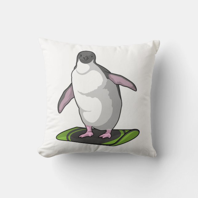 Almofada Pinguim como Snowboarder com Snowboard (Frente)