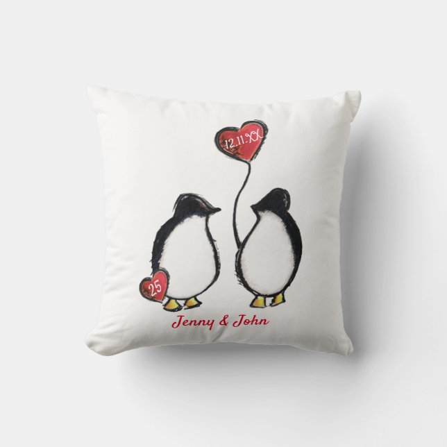 Almofada Pinguim de aniversário de casamento de 25 Silver (Frente)