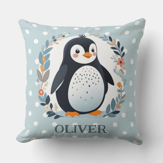 Almofada Pinguim de desenho animado fofo e flores  (Frente)