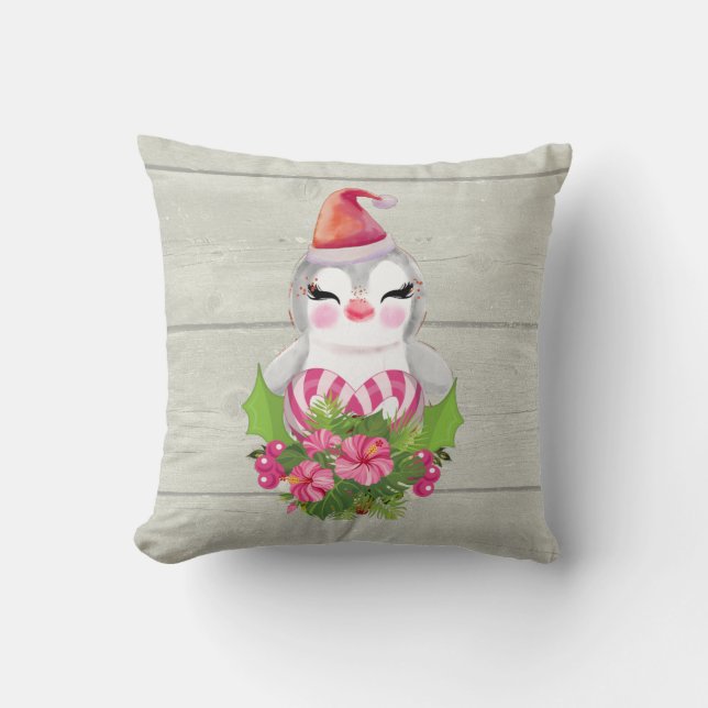 Almofada Pinguim de Natal bonito em Santa Hat (Frente)