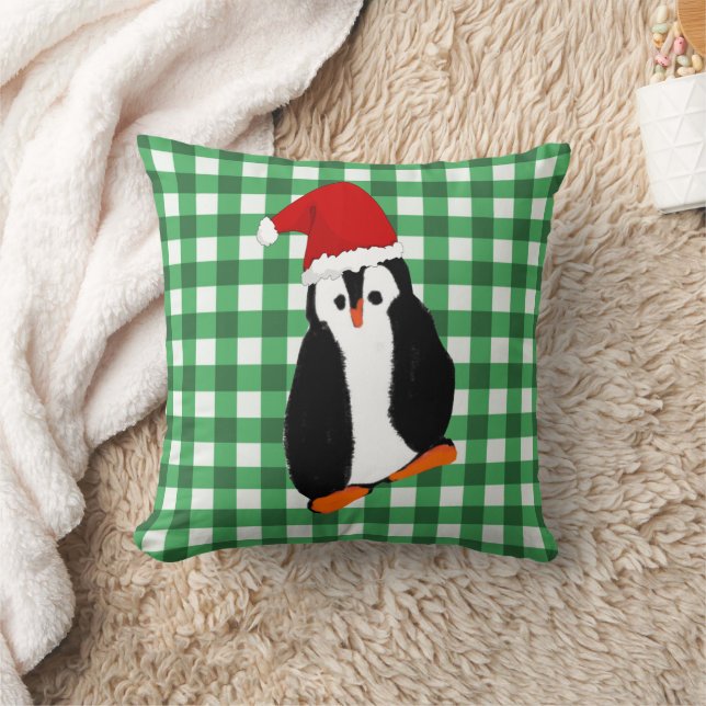 Almofada Pinguim de Natal de Gingham Verde e Saudação (Cobertor)