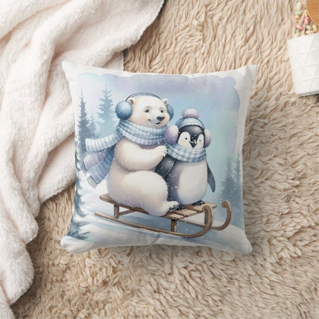 Almofada Pinguim e Urso Polar em um Sled (Cobertor)