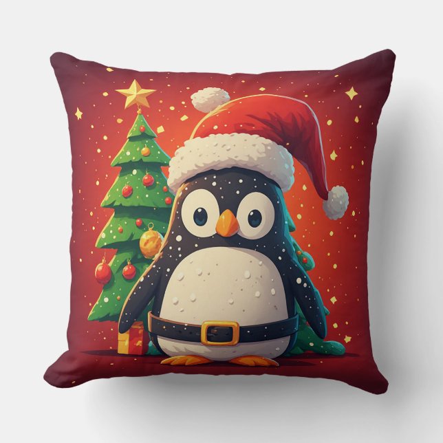 Almofada 🐧 Pinguim Engraçado Papai Noel Luzes de Natal Tem (Frente)