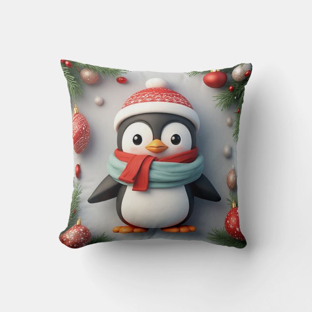 Almofada Pinguim Festivo Decorado Com Enfeites de Feriado (Frente)