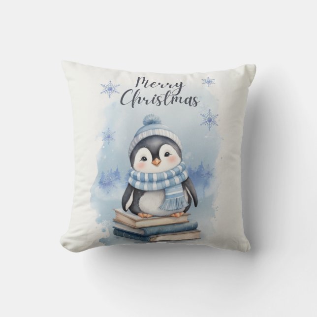 Almofada Pinguim Natal de Watercolor (Frente)