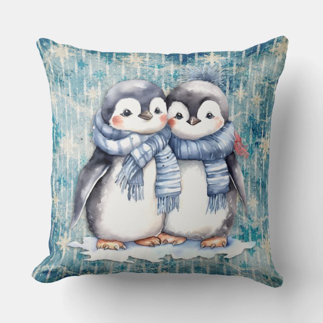 Almofada Pinguins de Aquarela Azul-Inverno com Escarpas (Frente)