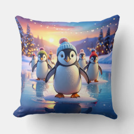 Almofada Pinguins Fofos de Chapéus de Inverno no Gelo Conge