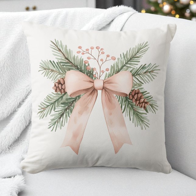 Almofada Pinho-de-Arco Pia-Rosa-Rosa-Rosa-Rosa-Beige-Pano-d (Watercolor Pastel Pink Beige Christmas Bow Pine Throw Pillow)