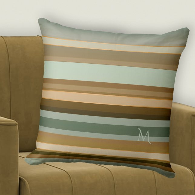 Almofada Pinho Verde Cinza Castanho Rasgado (Pillow featuring an elegant striped pattern in pine green with grey brown and small rose gold lines)