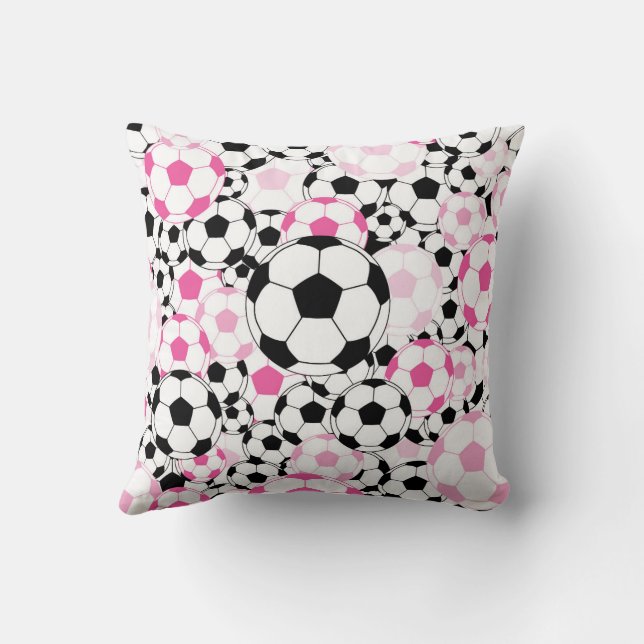 Almofada Pink and Black Soccer Ball Sports Fan Throw Pillow (Verso)