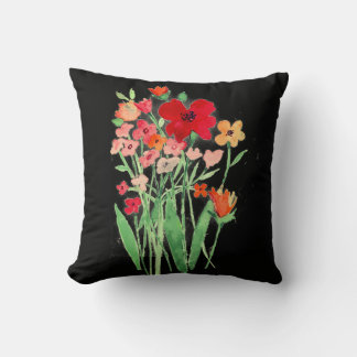 Almofada Pink and Red Wildflowers on Black Throw Pillow