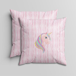 Almofada Pink and White Watercolor Stripes with Unicorn 