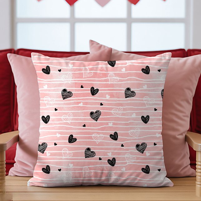 Almofada Pink Black Hearts Sketch Pillow Best Valentine’s  (Best Valentine’s Gift Pillow Pink Black Hearts Love)