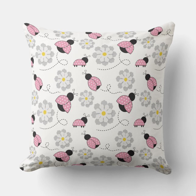 ALMOFADA PINK BLACK WHITE LADYBUGS & WHITE DAISIES (Frente)