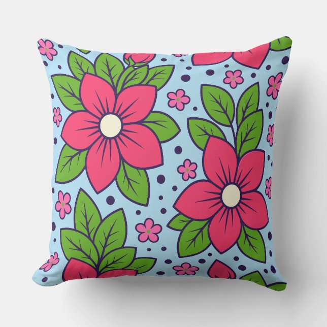 Almofada Pink Florals with Bold Petals and Green Leaves (Frente)