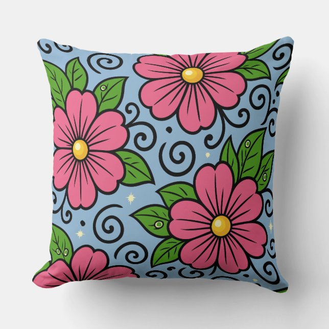 Almofada Pink Florals with Green Leaves and Curved Details (Frente)