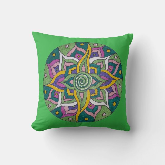 Almofada Pink/Green Lotus Mandala Throw Pillow (Frente)