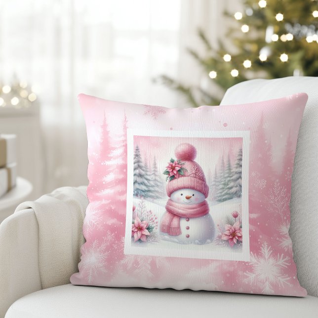 Almofada Pink Joy Snowman Cute Winter Scene Decor Pillow (Pink Joy Snowman Cute Winter Scene Decor Pillow)