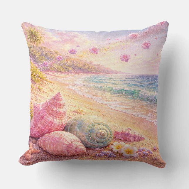 Almofada Pink Ocean Beach Shells Flowers Fantasy Landscape (Frente)