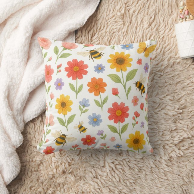 Almofada Pink Orange Yellow Floral and Bee Pattern  (Cobertor)