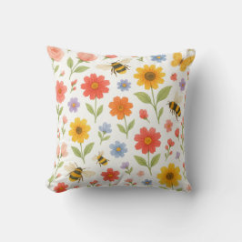 Almofada Pink Orange Yellow Floral and Bee Pattern 