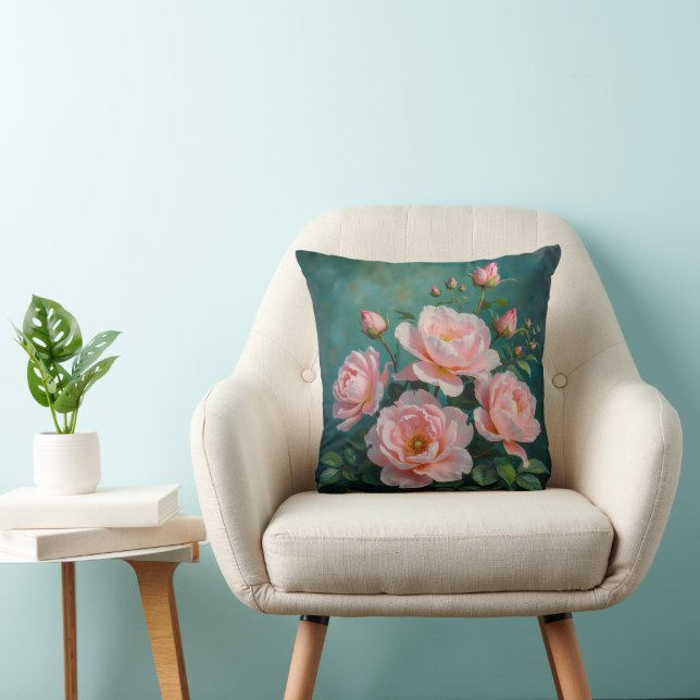 Almofada Pink Peonies Artwork on Emerald Green (Cadeira)