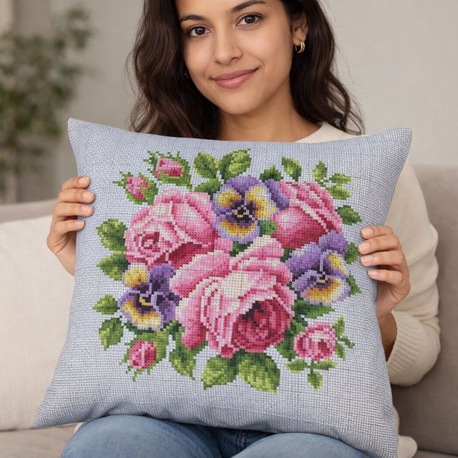 Almofada Pink Rose Floral Cross Stitch Throw Pillow (Criador carregado)