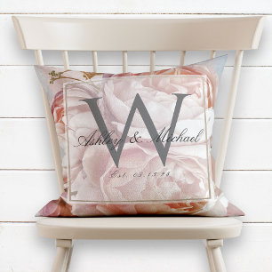Almofada Pink Rose Peony Script Monograma Casamento