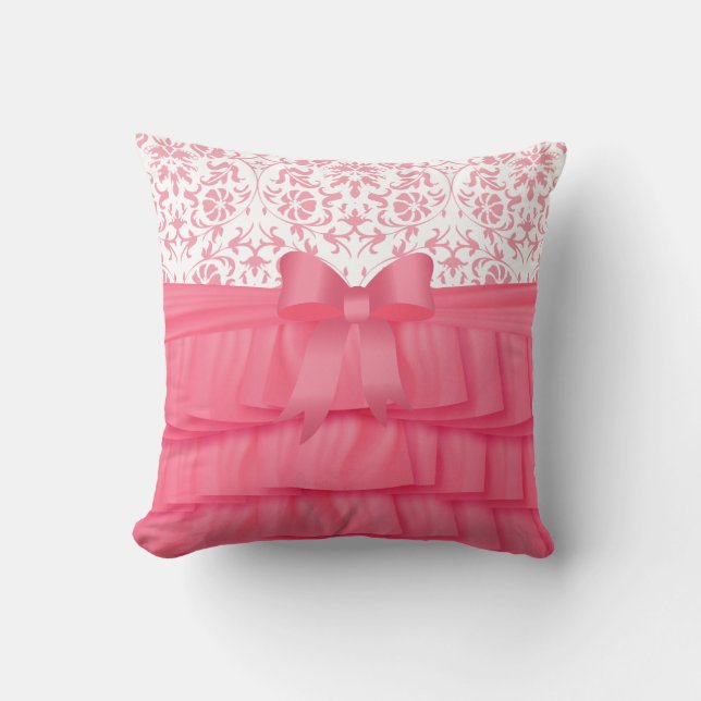 Almofada Pink Satin Ruffles & Arco rosa no Damask (Frente)