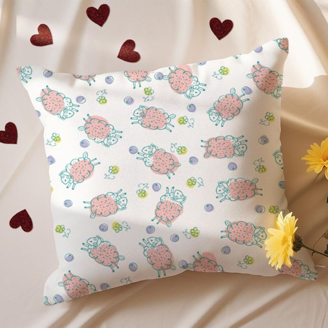 Almofada Pink Sheep with Flowers & Berries - Cute Pattern (Criador carregado)