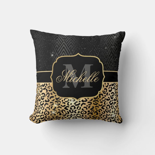 Almofada Pintas de leopardo preto e dourado brilhante e Art (Frente)