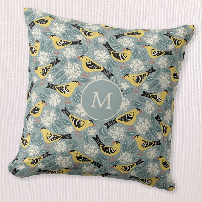 Almofada Pintassilgo e Rododendro Pássaro Flor Monograma (Willow Goldfinch Rhododendron monogram initial bird flower block print throw pillow)